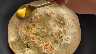 High-protein matar soya paratha served with yoghurt and pickle 6
